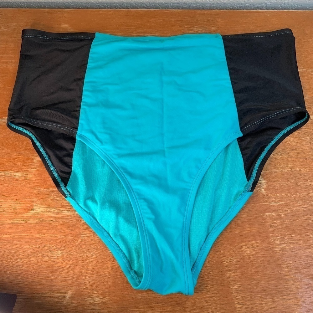 Moxi Blu Teal And Black Striped High Waisted Bikini Bottoms Size 2X (1344)